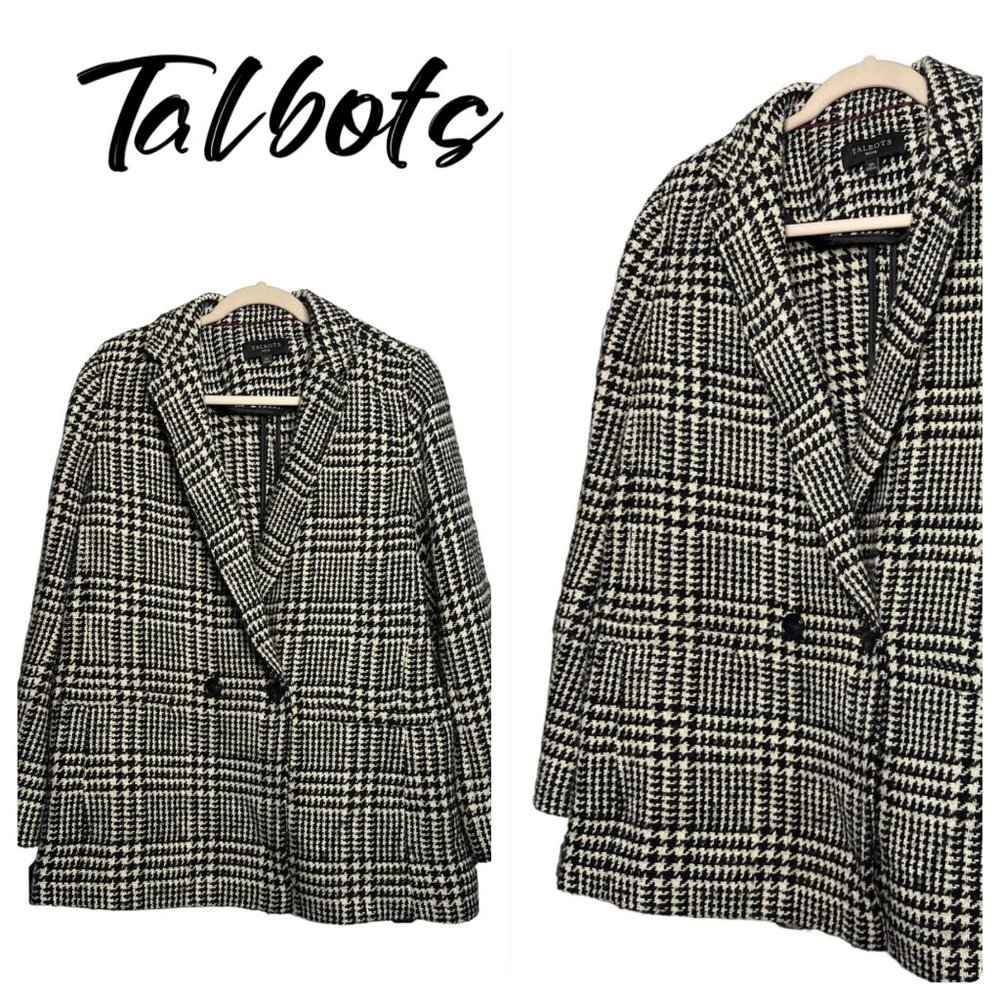 Talbots Ladies Black/White Business Wool‎ Blend Button Pea Coat Size 12 Petite